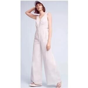 Anthropologie Chino Wide Leg Jumpsuit Womens 6 White Wrap Tie Front Cotton Blend